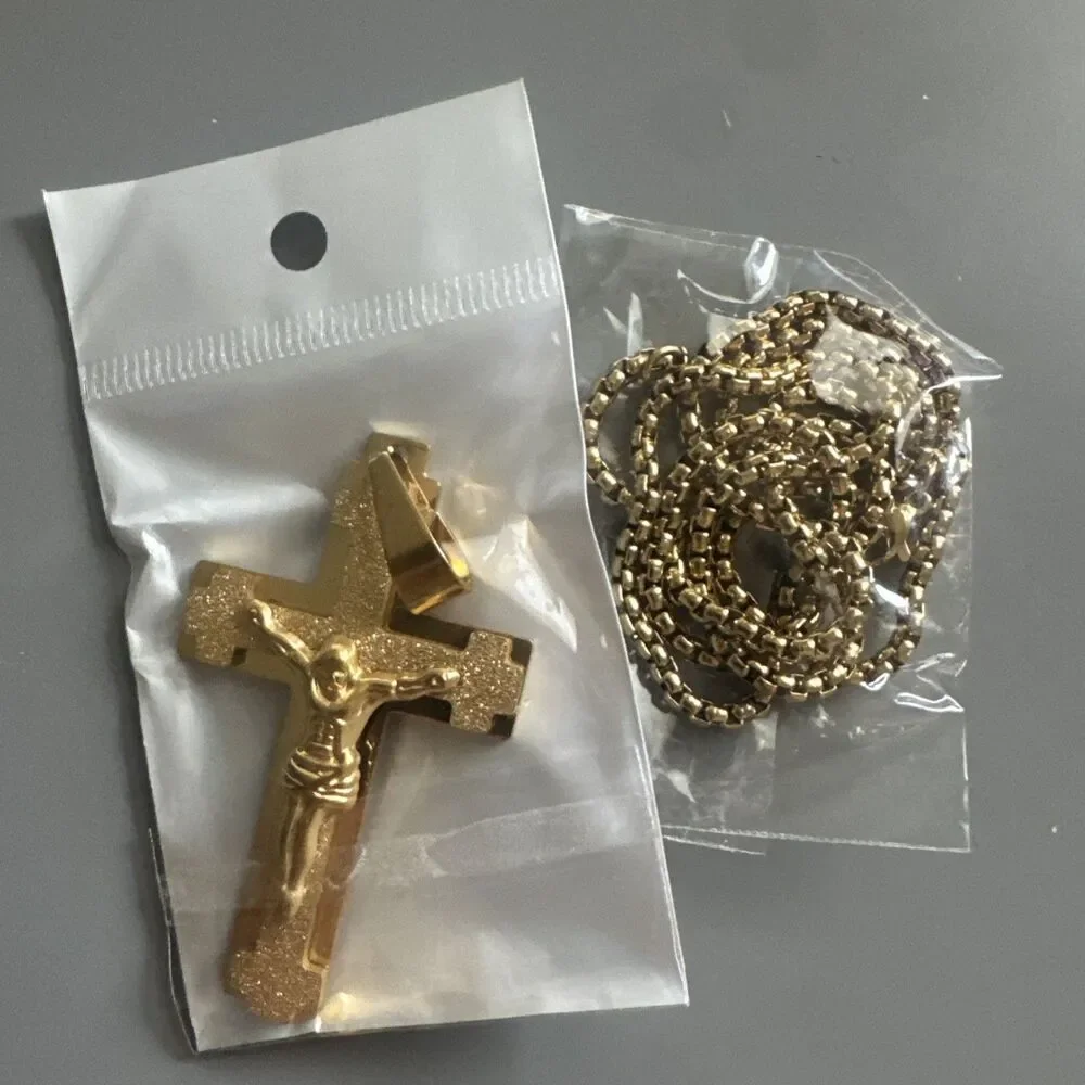 Gold Tone Cross Jesus Pendant 24” Chain Christ Stainless Steel Catholic Gift